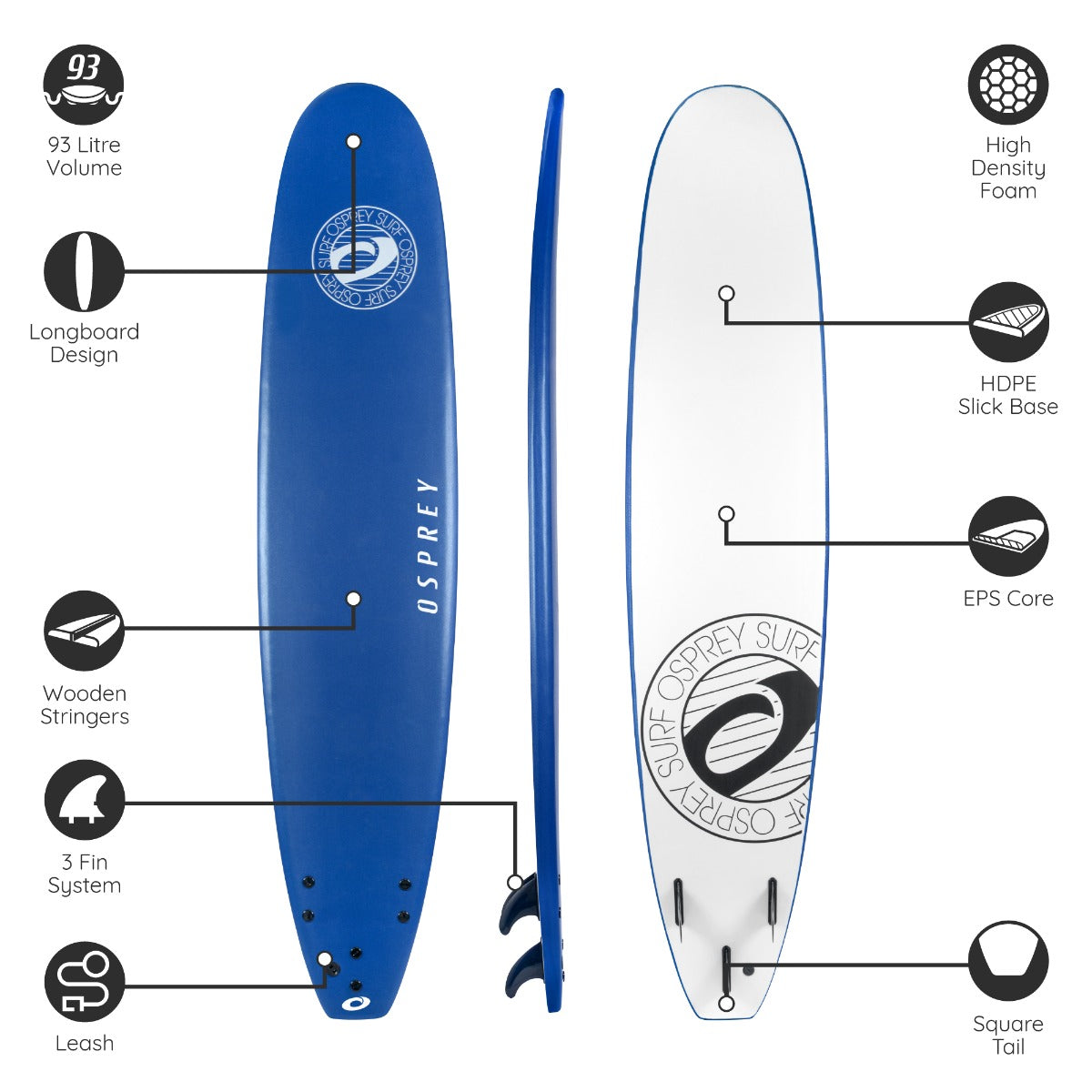 9ft 3in Foam Surfboard - Blue