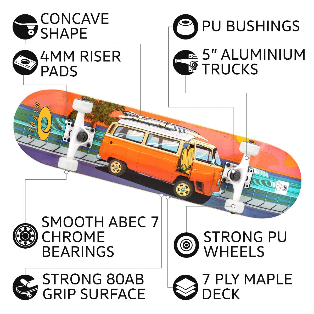 8" x 31" Complete Double Kick Skateboard - Volkswagen Sunset
