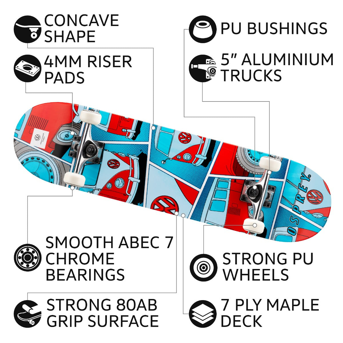 8" x 31" Complete Double Kick Skateboard - VW COMIC